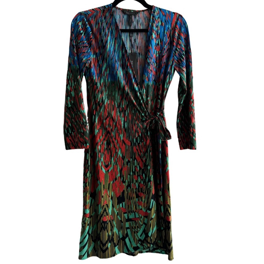 BCBG Adele Wrap Dress Size Small - Multicolor Abstract Print, Long Sleeve, NWT